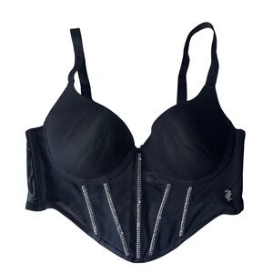 Juicy Couture Black Mesh Rhinestone Corset Bra‎ Top Push Up Bustier Large